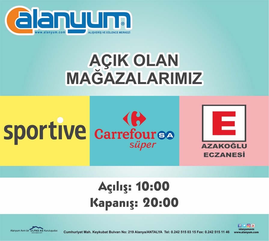 Alanyum AVM Açık Olan Mağazalarımız