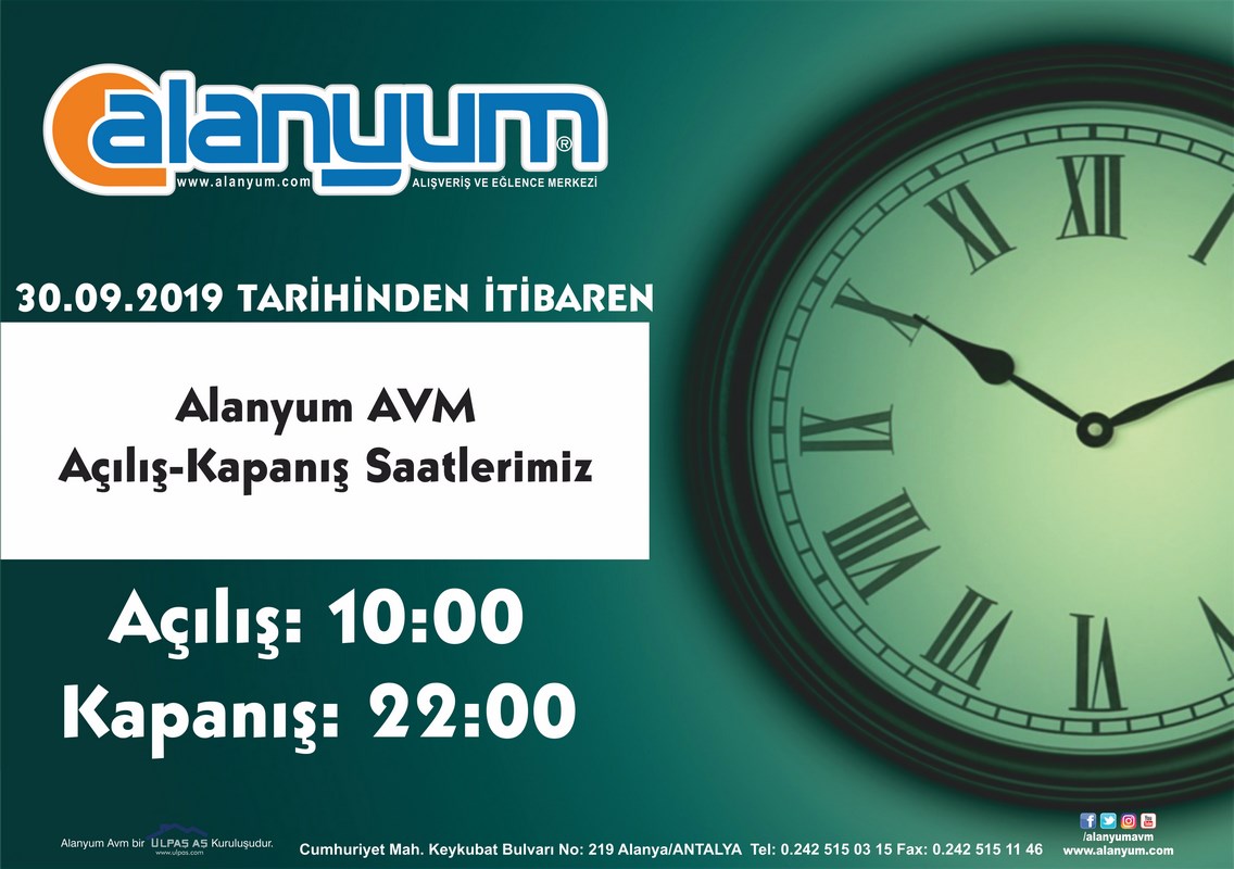 Alanyum AVM Açılış-Kapanış Saati Değişti